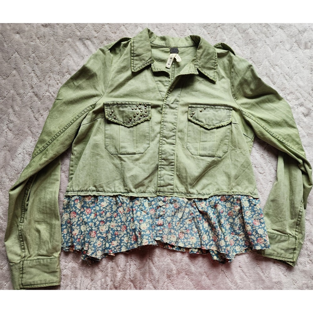We The Free Free People Olive Green Studded Floral Peplum Military Jacket Small